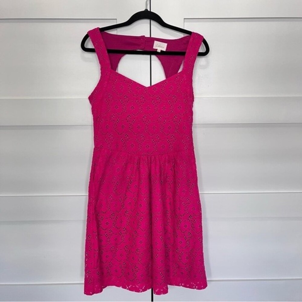 Anthropologie Deletta Pink Lace Dress Open Cutout Back Fit & Flare Sz. Medium